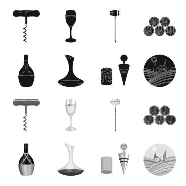 Bir şişe şarap bir sepet, bir gafine, bir tirbuşon mantar, üzüm bir vadi ile. Şarap üretimi toplama simgeler siyah, tek renkli stil vektör simge stok çizim web içinde ayarla..