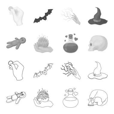 Bir Vudu bebeği, büyülü bir yangın, aşk iksiri, bir kafatası. Siyah ve beyaz büyü toplama simgeler anahat, tek renkli stil vektör simge stok çizim web ayarla..