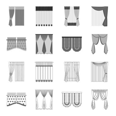 Perdeler, sopa, kornişler ve diğer web simgesi anahat, tek renkli stil. Yay, kumaş, tül simgeler kümesi koleksiyonu.