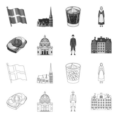 Danimarka, Tarih, Restoran ve diğer web simgesi anahat, tek renkli stil. Sandviç, yemek, ekmek, küme koleksiyon simgeler.