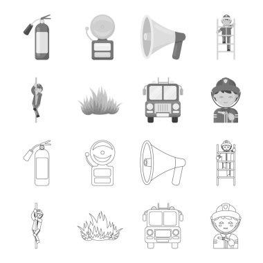 İtfaiyeci, alev, yangın kamyon. Yangın departmentset toplama simgeler anahat, tek renkli stil vektör simge stok çizim web ayarla..