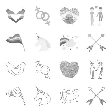 Bayrak, tek boynuzlu at sembolü, kalp oklarla. Eşcinsel toplama simgeler anahat, tek renkli stil vektör simge stok çizim web ayarla..