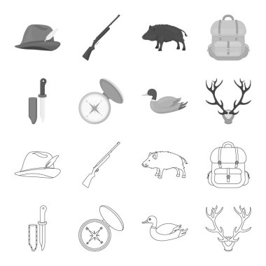 Knife with a cover, a duck, a deer horn, a compass with a lid.Hunting set collection icons in outline,monochrome style vector symbol stock illustration web. clipart