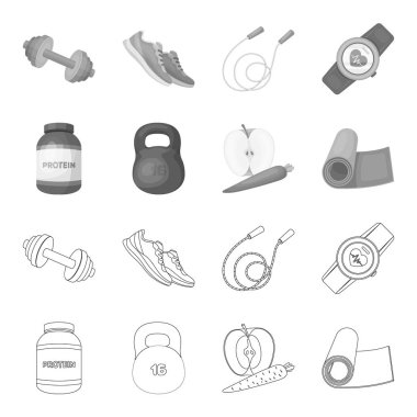 Protein, vitamin ve diğer ekipman eğitim için. Spor ve egzersiz anahat, tek renkli stil vektör simge stok çizim web simgeler ayarla.