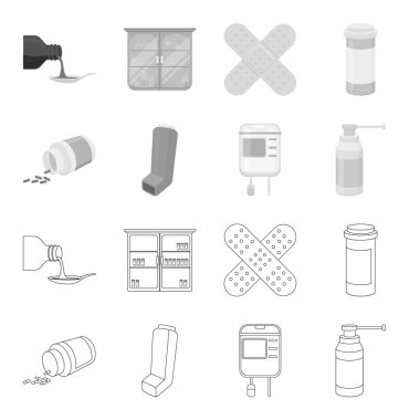 Tablet, ilaç, kan, sprey ile konteyner. İlaç toplama simgeler anahat, tek renkli stil vektör simge stok çizim web ayarla..