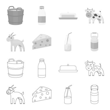 Keçi, bir parça peynir ve diğer ürünler. Süt toplama simgeler anahat, tek renkli stil vektör simge stok çizim web ayarla..