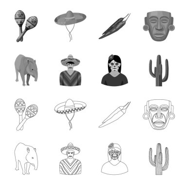 Tapir Meksika hayvan, panço, bir çiçek, bir kaktüs bir kadınla Ulusal giysileri içinde bir Meksikalı. Meksika ülke toplama simgeler anahat, tek renkli stil vektör simge stok çizim web ayarla..