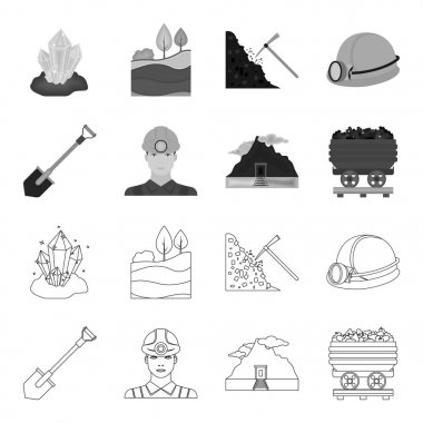 Bir kürek, madenci, bir giriş bir madene, kömür ile bir arabası. Benim toplama simgeler anahat, tek renkli stil vektör simge stok çizim web ayarlamak.