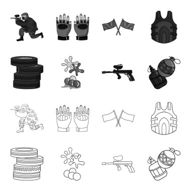 Rekabet, yarışma, ekipman, lastikler. Paintball toplama simgeler anahat, tek renkli stil vektör simge stok çizim web ayarla..