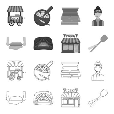 Pizza hamuru, fırın, pizzacı bina, spatula demir çubuklar için. Pizza ve pizza anahat, tek renkli stil vektör simge stok çizim web simgeler ayarla.