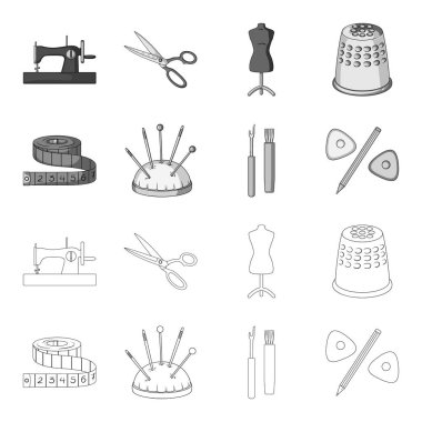 Ölçüm bandı, iğneler, boya kalemi ve kalem. Dikiş veya araçları terzilik anahat, tek renkli stil vektör simge stok çizim web simgeler ayarla.