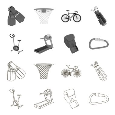 Egzersiz bisikleti, koşu bandı, eldiven boksör, kilit. Spor toplama simgeler anahat, tek renkli stil vektör simge stok çizim web ayarla..