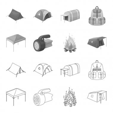 Tente, yangın ve diğer turistik ekipmanları. Çadır toplama simgeler anahat, tek renkli stil vektör simge stok çizim web ayarla..