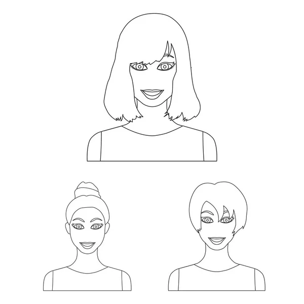 Types of female hairstyles outline icons in set collection for design. Appearance of a woman vector symbol stock web illustration. — Stock Vector