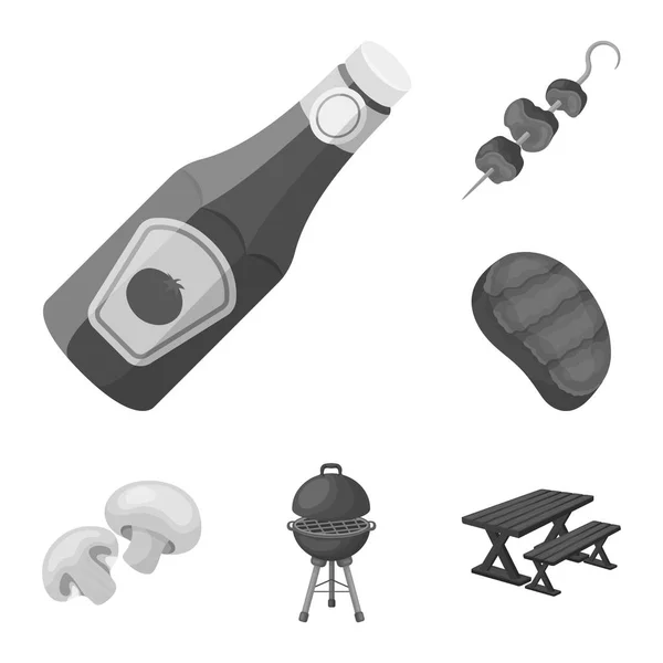 Barbecue en apparatuur zwart-wit pictogrammen in set collectie voor design. Picknick en gebakken voedsel vector symbool voorraad web illustratie. — Stockvector