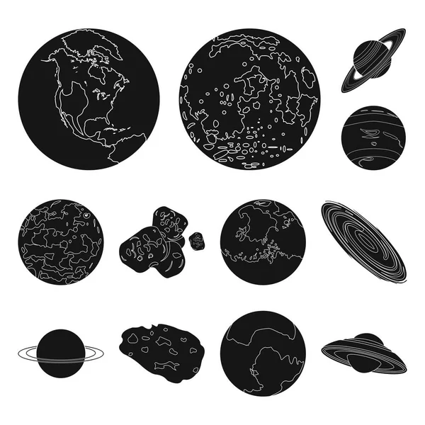 Planetas del sistema solar iconos negros en la colección de conjuntos para el diseño. Cosmos y astronomía vector símbolo stock web ilustración . — Archivo Imágenes Vectoriales