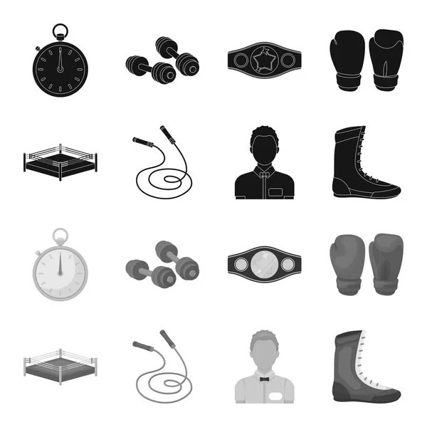 Anillo, cuerda, árbitro, zapatillas de deporte Iconos de colección conjunto de boxeo en negro, estilo monocromo vector símbolo stock illustration web . — Archivo Imágenes Vectoriales