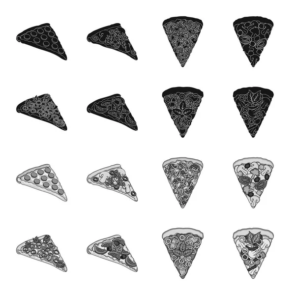 En bit pizza med olika ingredienser. Olika pizza som samling ikoner i svart, svartvit stil vektor symbol stock illustration web. — Stock vektor