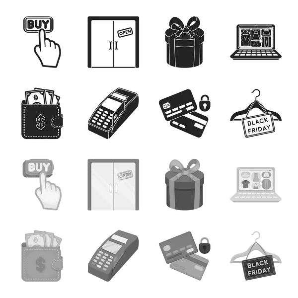 Dompet, uang, sentuhan, gantungan dan peralatan lainnya. E commerce set collection icons in black, monochrome style vector symbol stock illustration web . - Stok Vektor