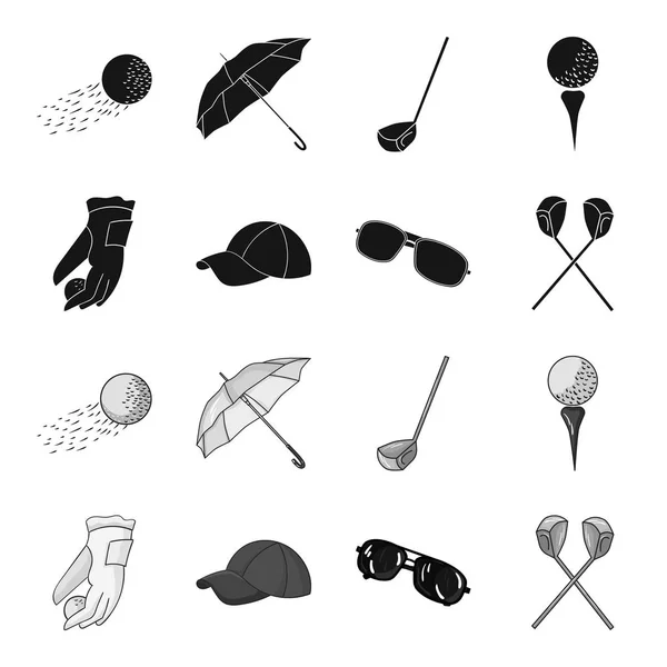 Egy kesztyű, a játék a golf labdát, egy piros sapkát, napszemüveget, két klub. Golf Club szett gyűjtemény ikonok fekete, fekete-fehér stílus vektor szimbólum stock illusztráció web. — Stock Vector