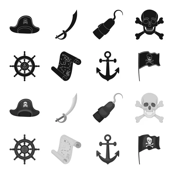 Pirata, bandido, timón, bandera .Pirates conjunto de iconos de la colección en negro, el estilo monocromo vector símbolo stock illustration web . — Vector de stock