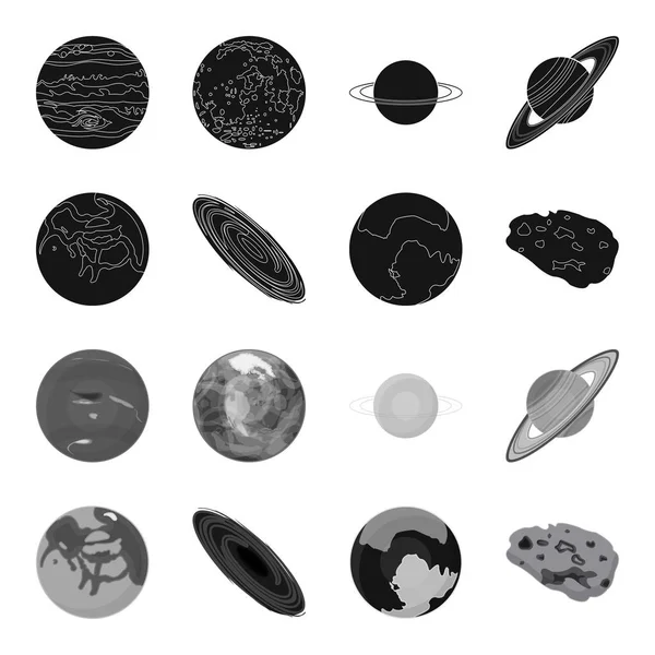 Merkur, Pluto planetou sluneční soustavy. Černá díra a meteoritu. Planety nastavení kolekce ikon v černé, černobílé stylu vektor symbol akcií ilustrace web. — Stockový vektor