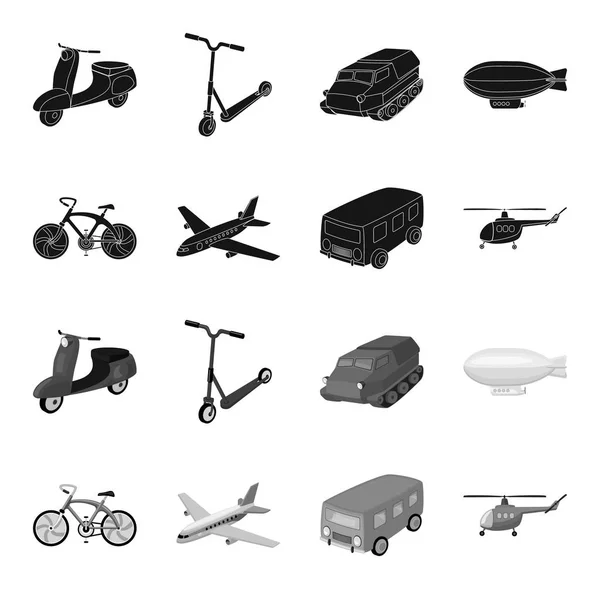 Vélos, avions, bus, hélicoptères. Ensemble de transport icônes de collection en noir, symbole vectoriel de style monochrome illustration web . — Image vectorielle