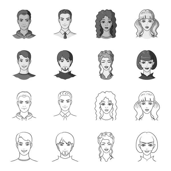 Verschillende looks van jonge mensen. Avatar en gezicht ingesteld collectie iconen in overzicht, zwart-wit stijl vector symbool stock illustratie web. — Stockvector