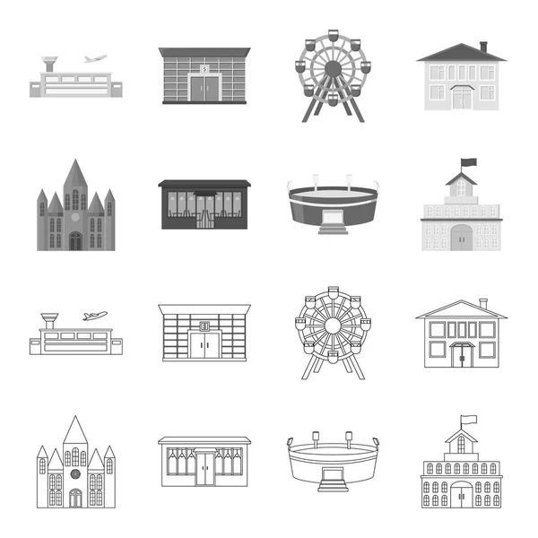 Maison du gouvernement, stade, café, église. Bâtiment ensemble icônes de la collection dans les grandes lignes, monochrome style vectoriel symbole illustration web . — Image vectorielle