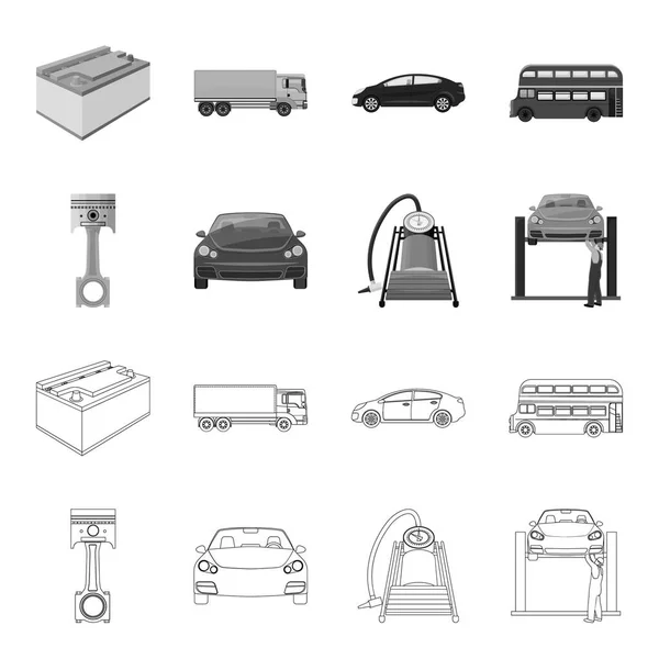 Bil på hiss, kolv och pump disposition, monokrom ikoner i set samling för design. Bil underhåll station vektor symbol stock illustration web. — Stock vektor