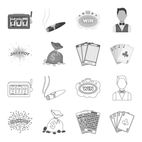 Sudor Jack, una bolsa con dinero ganado, cartas para jugar Bingo, jugar a las cartas. Casino y juegos de azar conjunto de iconos de colección en el contorno, el estilo monocromo vector símbolo stock ilustración web . — Archivo Imágenes Vectoriales
