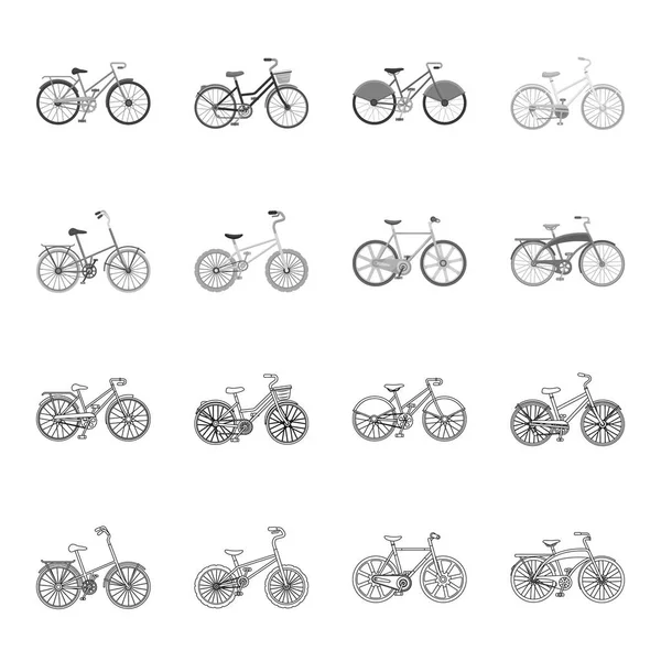 Barn cykel och andra typer. Olika cyklar som samling ikoner i disposition, svartvit stil vektor symbol stock illustration web. — Stock vektor