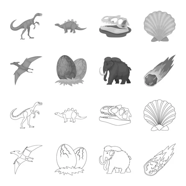 Prehistorické prostředí, dinosauří vejce, pterodaktyla, Mamut. Dinosaurus a prehistorické období sada kolekce ikon v osnově, monochromatické stylu vektor symbol akcií ilustrace web. — Stockový vektor