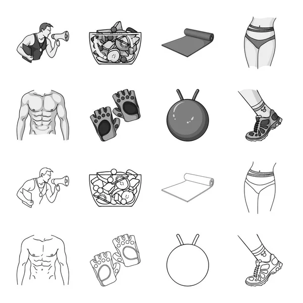 Torso de hombre, guantes de gimnasia, pelota de salto, zapatillas. Fitnes conjunto de iconos de colección en el contorno, el estilo monocromo vector símbolo stock ilustración web . — Archivo Imágenes Vectoriales