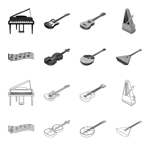 Esboço de instrumento musical, ícones monocromáticos na coleção de conjuntos para design. Instrumento de corda e vento isométrico vetor símbolo web ilustração . — Vetor de Stock