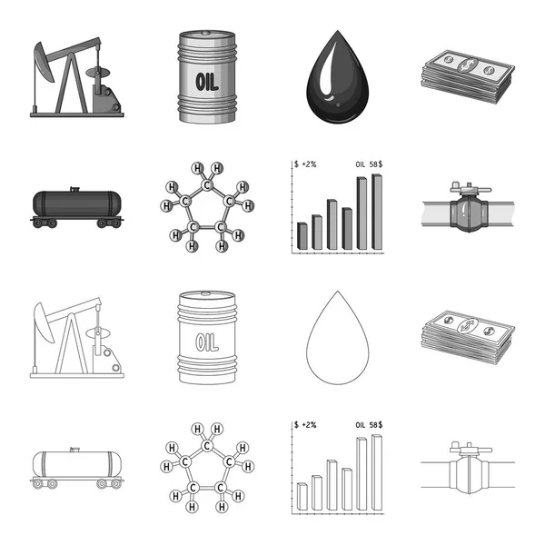 Železniční tank, chemický vzorec, graf cen ropy, potrubí ventilu. Olej sada kolekce ikon v osnově, monochromatické stylu vektor symbol akcií ilustrace web. — Stockový vektor