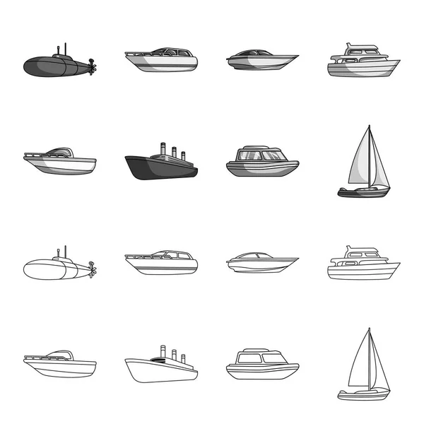 Bateau de protection, canot de sauvetage, cargo vapeur, yacht de sport. icônes de collecte ensemble de navires et de transport de l'eau dans le contour, symbole vectoriel de style monochrome illustration web . — Image vectorielle