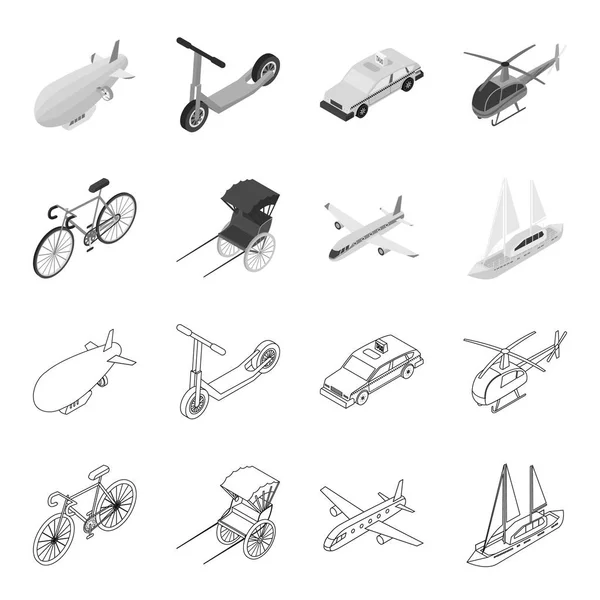 Cykel, rickshaw, planet, yacht. Överföringsuppsättning samling ikoner i disposition, svartvit stil vektor symbol stock illustration web. — Stock vektor