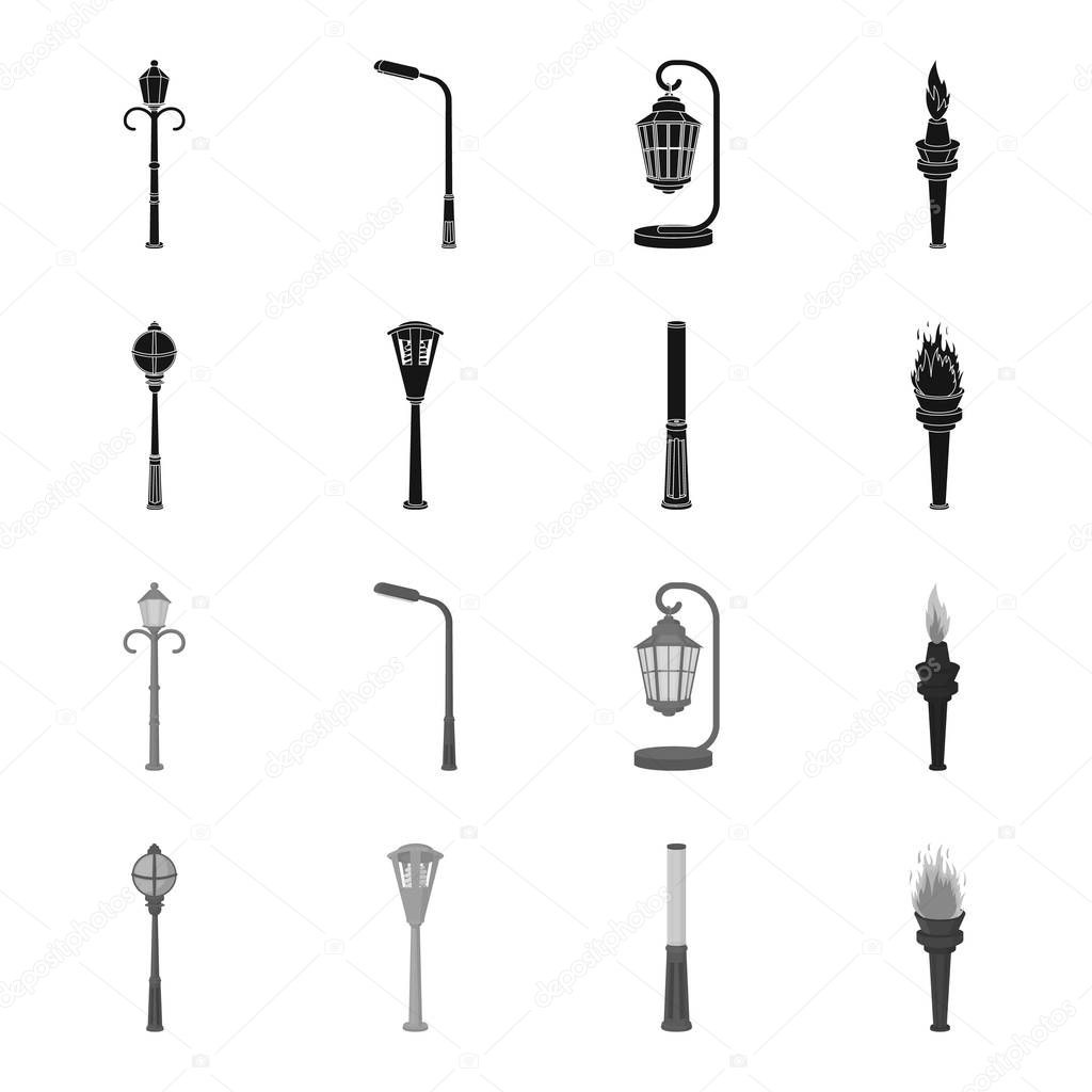 Lamppost in retro style, modern lantern, torch and other types of streetlights. Lamppost set collection icons in black,monochrome style vector symbol stock illustration web.