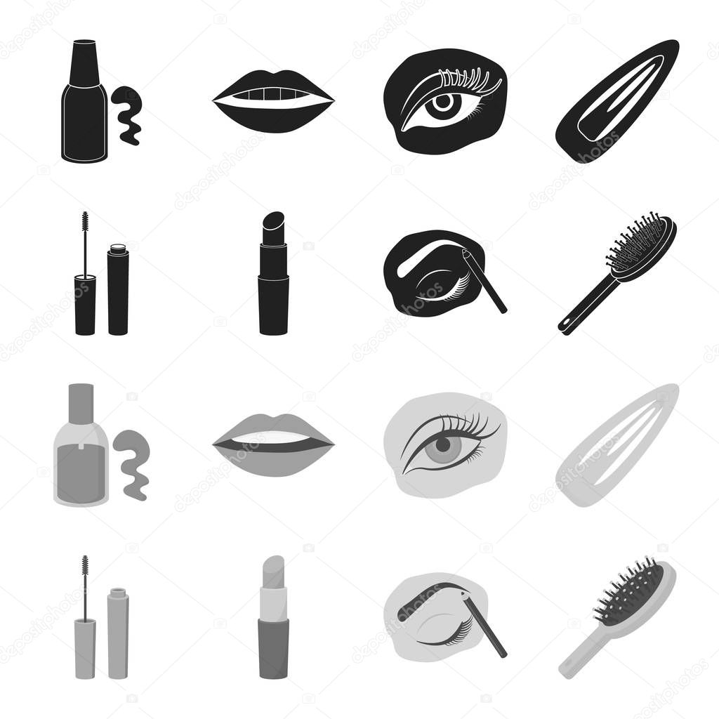 Mascara, hairbrush, lipstick, eyebrow pencil,Makeup set collection icons in black,monochrome style vector symbol stock illustration .
