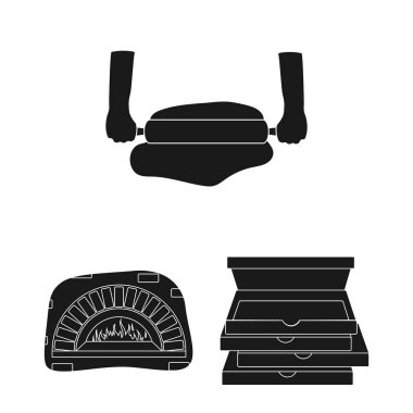 Pizza ve pizza set koleksiyonu tasarım için simgeler siyah. Personel ve ekipman sembol stok web illüstrasyon vektör.