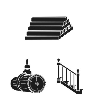 Kereste ve ahşap set koleksiyonu tasarım için simgeler siyah. Donanım ve araçlar sembol stok web illüstrasyon vektör.