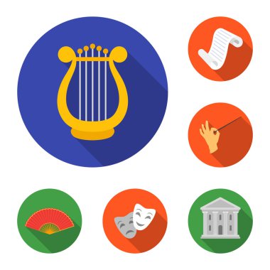 Tiyatro sanat set koleksiyonu tasarım için düz simgeler. Tiyatro donanımları ve aksesuarları sembol stok web illüstrasyon vektör.