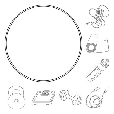 Spor salonu ve eğitim anahat simgeleri set koleksiyonu tasarım için. Spor salonu ve ekipmanları sembol stok web illüstrasyon vektör.