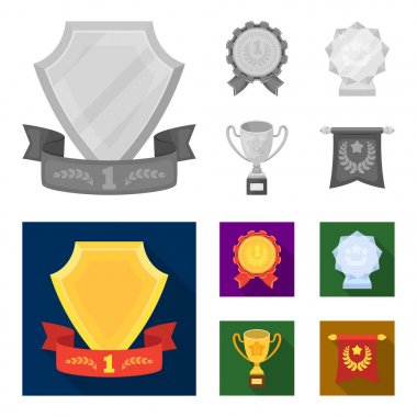Bir Olimpiyat madalya ilk yer, bir kristal top, gold Kupası bir stand, kırmızı bir kolye için. Kupalar ve ödüller tek renkli, düz stil vektör simge stok çizim web simgeler ayarla.