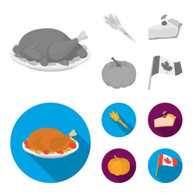 Spike buğday, bir dilim pasta ile kızılcık, kabak, ulusal bayrak. Kanada Şükran günü toplama simgeler tek renkli, düz stil vektör simge stok çizim web ayarla..