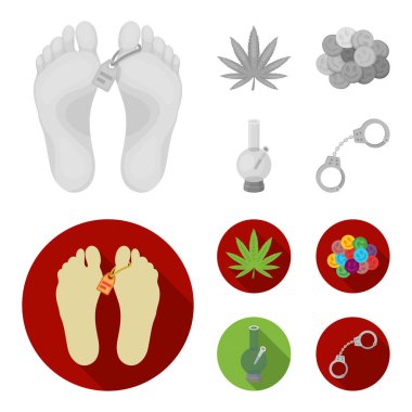 Kenevir yaprak, ecstasy hap, kelepçe, bong. İlaç toplama simgeler tek renkli, düz stil vektör simge stok çizim web ayarla..