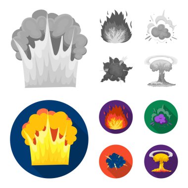 Alevi, kıvılcım, hidrojen parçaları, atom veya gaz patlaması. Patlamalar toplama simgeler tek renkli, düz stil vektör simge stok çizim web ayarla..