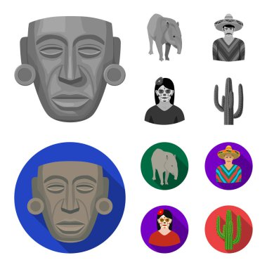 Tapir Meksika hayvan, panço, bir çiçek, bir kaktüs bir kadınla Ulusal giysileri içinde bir Meksikalı. Meksika ülke toplama simgeler tek renkli, düz stil vektör simge stok çizim web ayarla..