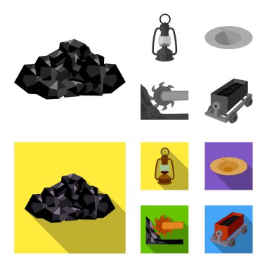 Bir madenci lambası, bir huni, araştırma birleştirin, cevheri ile bir arabası. Toplama simgeler tek renkli, düz stil vektör simge stok çizim web set madencilik sanayi.